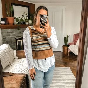 VINTAGE BY NEXT ERA | Women's Medium Brown Striped Knit Sweater Vest V-neck